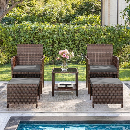5 Piece Patio Furniture Set, Outdoor Patio Conversation Rattan Chair with Ottomans/Storage Coffee Table for Patio, Space Saving Design for Balcony Poolside Front Porch Deck,Brown Rattan, Gray