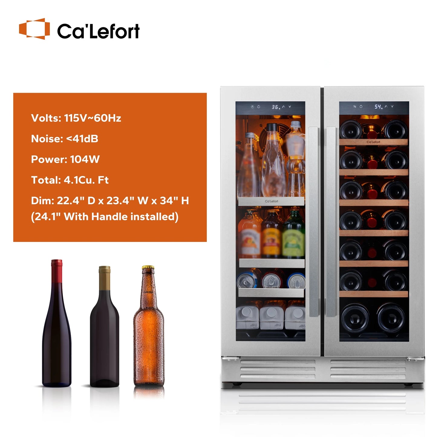 24 Inch Wine and Beverage Refrigerator, Hold 60 Cans and 21 Bottles Dual Zone Wine Fridge with Glass French Door, Built-In or Freestanding