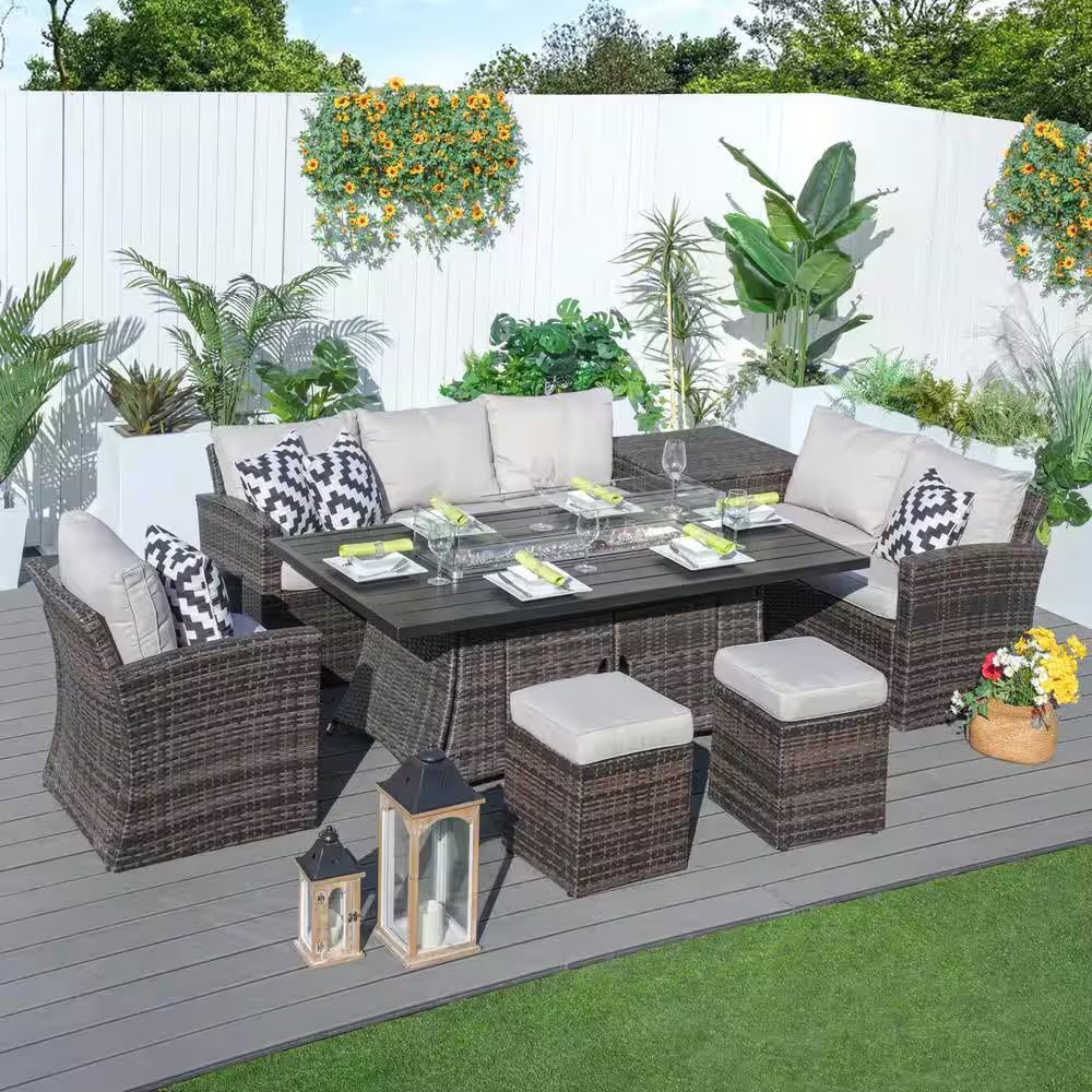 Madison 7-Piece Wicker Patio Fire Pit Conversation Sofa Set with Beige Cushions