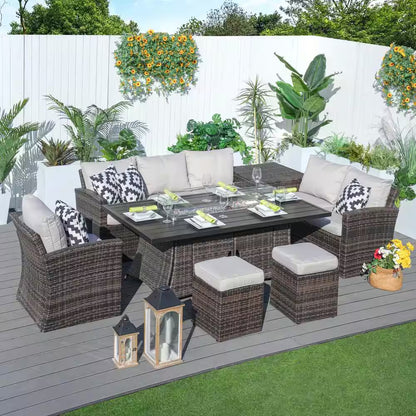 Madison 7-Piece Wicker Patio Fire Pit Conversation Sofa Set with Beige Cushions