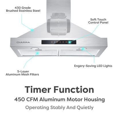 Wall Mount Range Hood 30 Inch in Stainless Steel with Carbon Filter Kit for Recirculating CAS30875-003