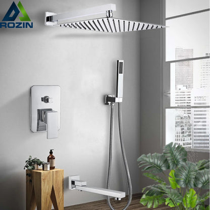 Wall Mount Rainfall Shower Faucet Set Chrome Concealed Bathroom Faucets System 16'' Head with Swivel Tub Spout Mixer Tap
