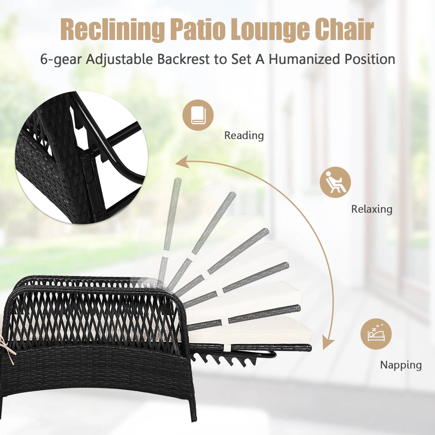 Set of 2 Adjustable Patio Rattan Lounge Chair Chaise Recliner W/ Cushion & Pillow