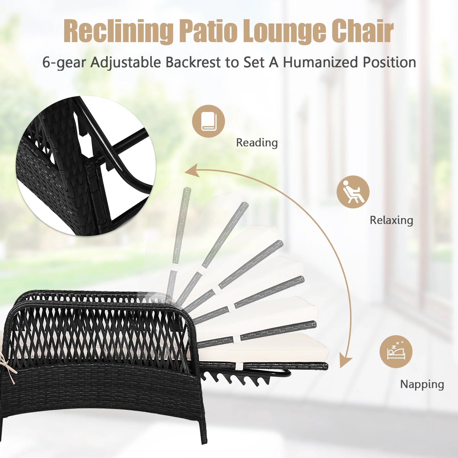 Set of 2 Adjustable Patio Rattan Lounge Chair Chaise Recliner W/ Cushion & Pillow