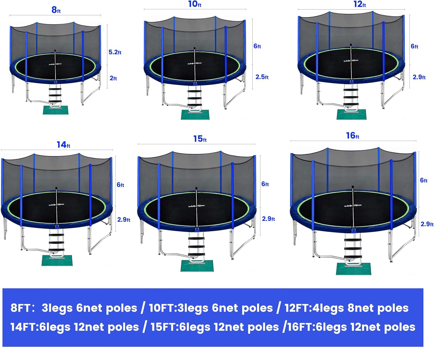 1800LBS Capacity No-Gap Design 16 15 14 12FT Trampoline with Safety Enclosure Net and Non-Slip Ladder 10-Year Quality Assurance Perfect for Kids Family Outdoor Backyard Fun