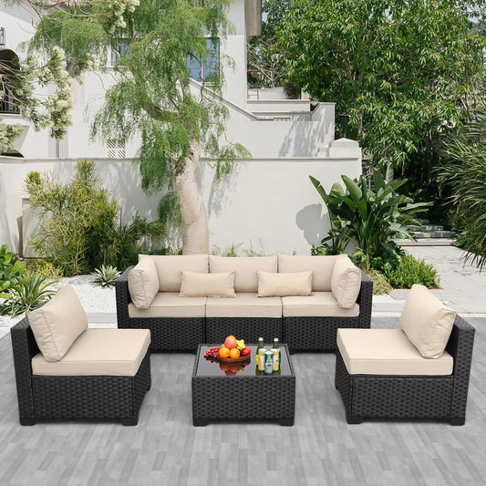Patio Sectional 6 Pieces All-Weather Wicker Patio Furniture Set Outdoor Sectional with Glass Table Non-Slip Cushions and Waterproof Cover, Khaki
