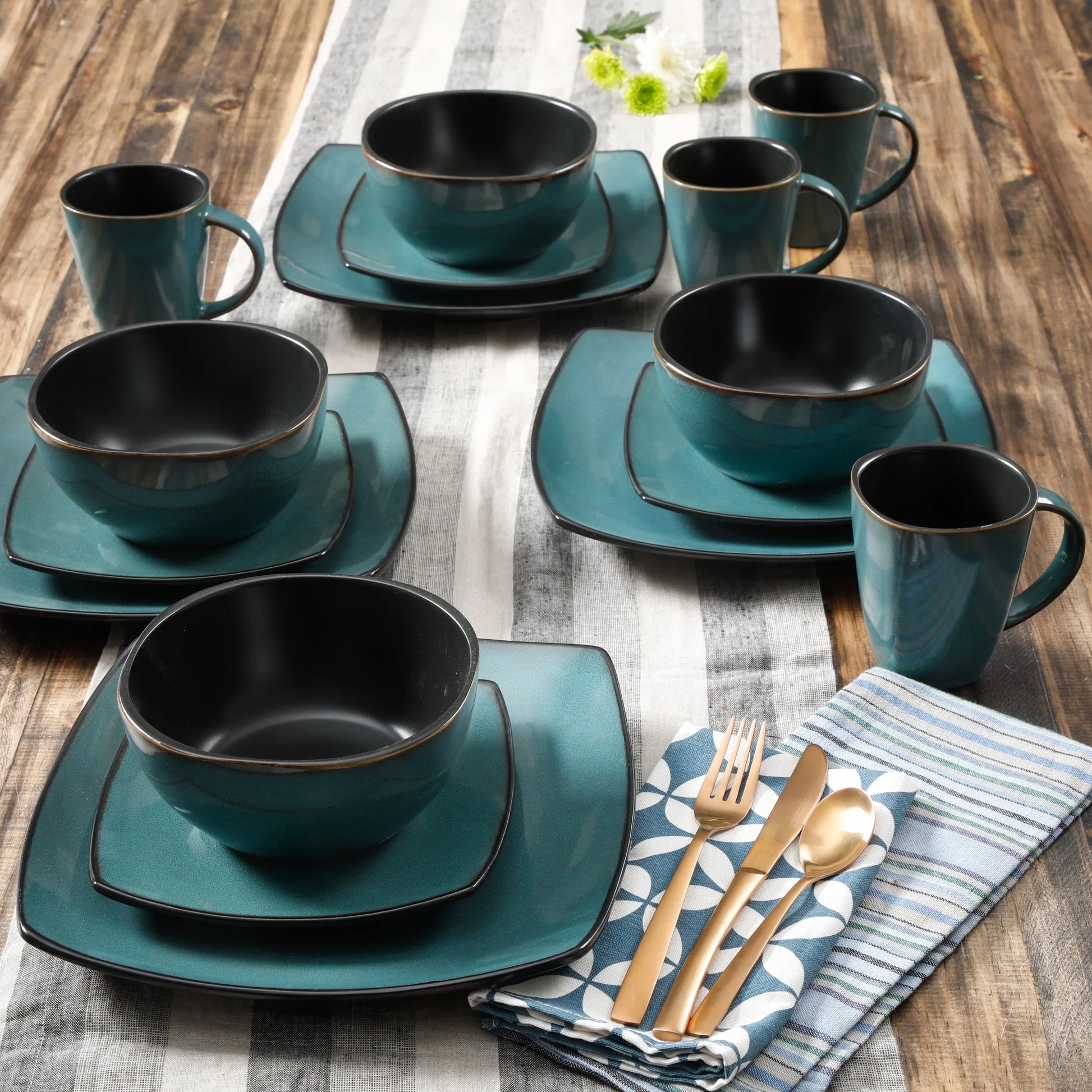 Soho Lounge Square Stoneware 16 Piece Dinnerware Set, Teal