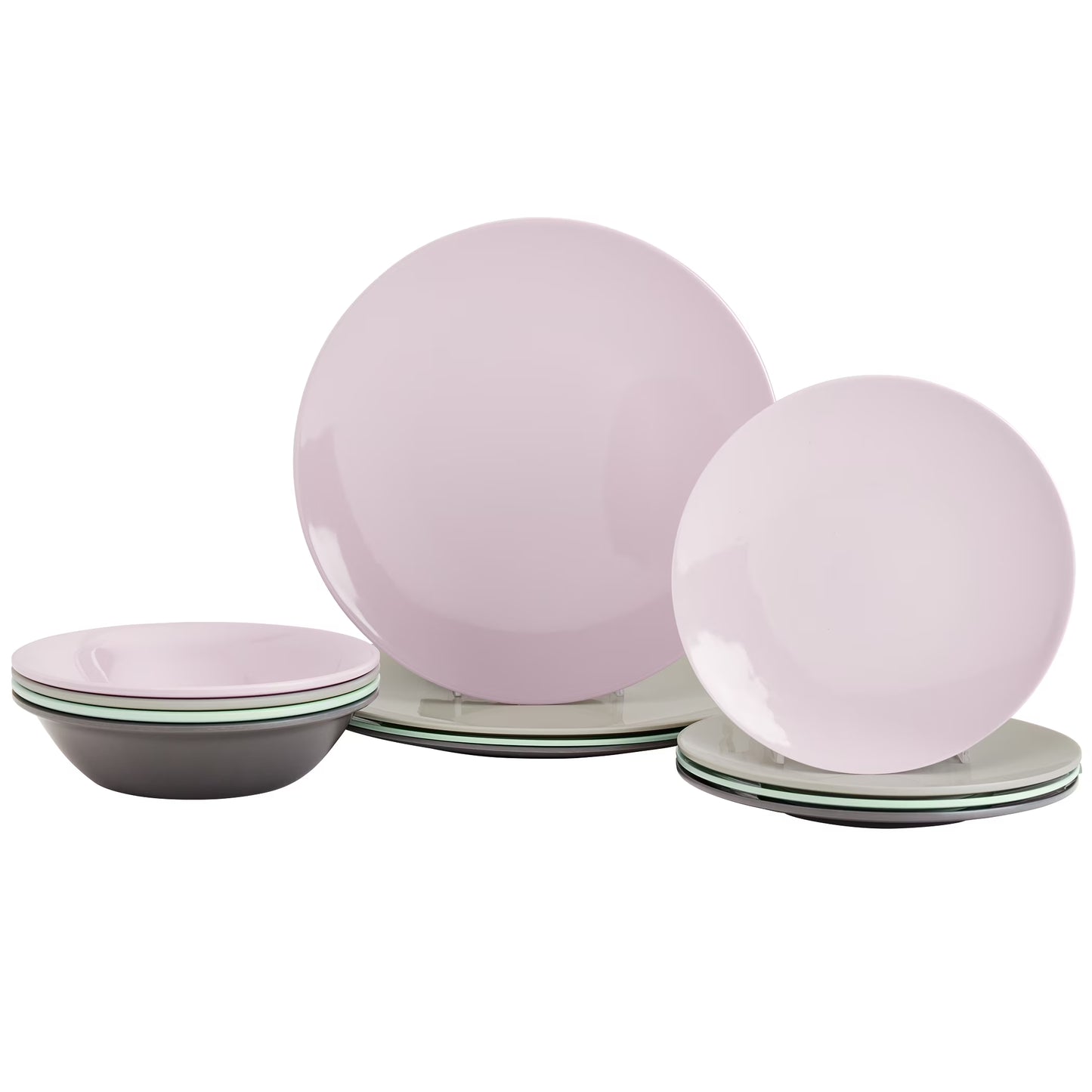 Tabletops Gallery 12 Piece Green Gray Pink Melamine Dinnerware Set Plates Bowls for Indoor/Outdoor Use, Service for 4, Pastel