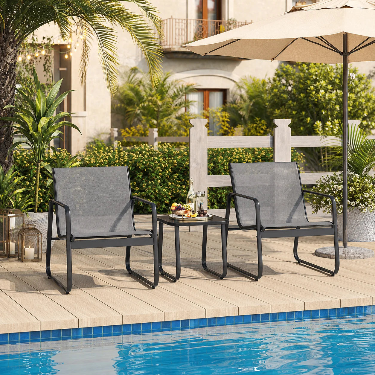 3-Piece Outdoor Bistro Furniture Set, 2-Seater Patio Conversation Chairs with Anti-Rust Metal Frame, Gray