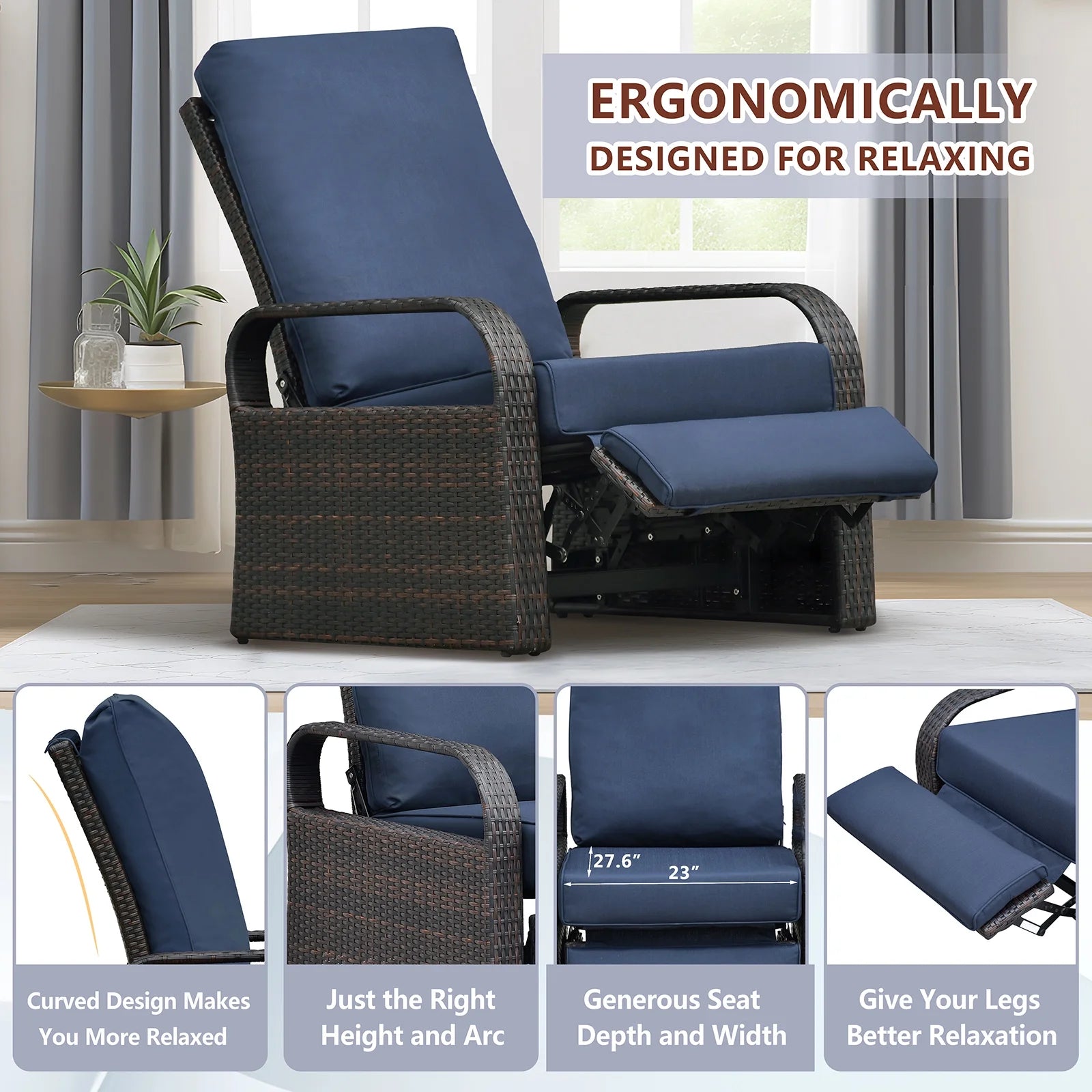 Outdoor Patio Adjustable Wicker Reclining Chair,Navy Blue