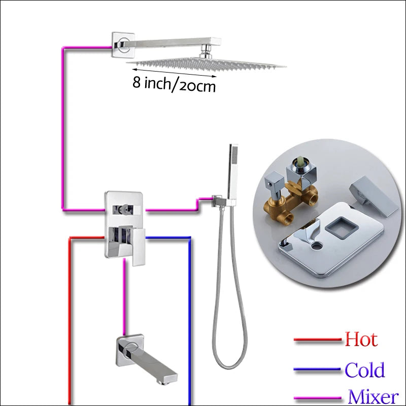 Wall Mount Rainfall Shower Faucet Set Chrome Concealed Bathroom Faucets System 16'' Head with Swivel Tub Spout Mixer Tap
