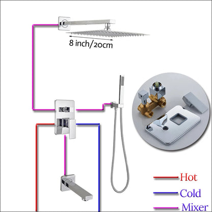Wall Mount Rainfall Shower Faucet Set Chrome Concealed Bathroom Faucets System 16'' Head with Swivel Tub Spout Mixer Tap