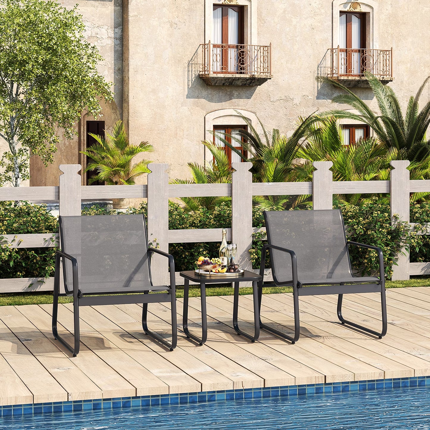 3-Piece Outdoor Bistro Furniture Set, 2-Seater Patio Conversation Chairs with Anti-Rust Metal Frame, Gray