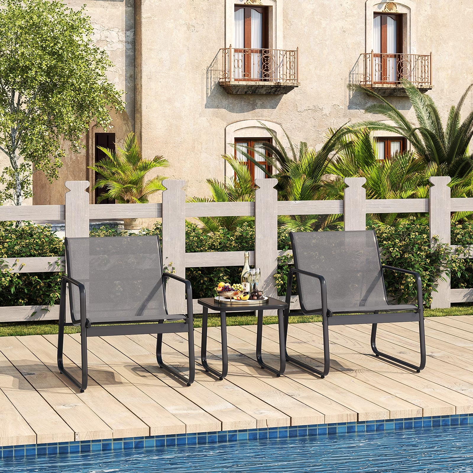 3-Piece Outdoor Bistro Furniture Set, 2-Seater Patio Conversation Chairs with Anti-Rust Metal Frame, Gray