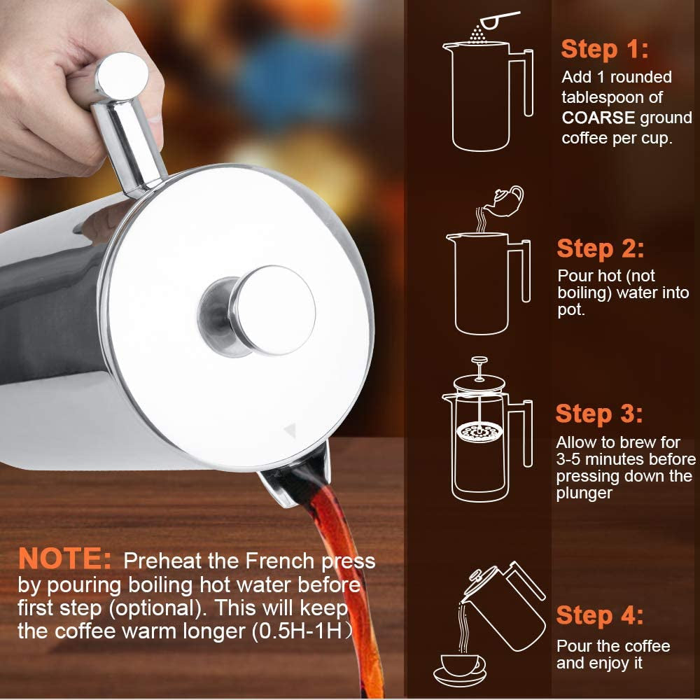 French Press Coffee Maker, 304 Grade Stainless Steel Insulated Coffee Press with 2 Extra Screens, 50Oz (1.5 Litre), Silver