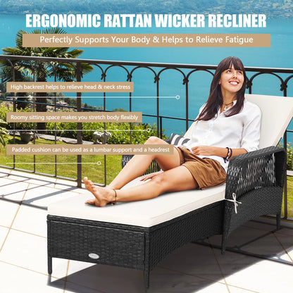 Set of 2 Adjustable Patio Rattan Lounge Chair Chaise Recliner W/ Cushion & Pillow