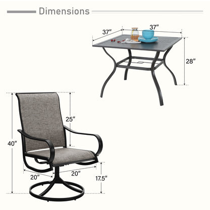 Outdoor Table and Chairs 5 -Piece Black Patio Dining Set Steel Square Table with 4 Brown Swivel Chairs