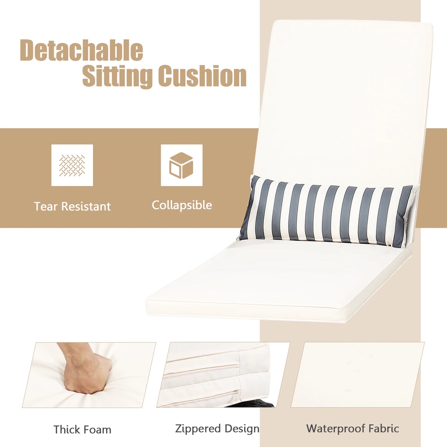 Set of 2 Adjustable Patio Rattan Lounge Chair Chaise Recliner W/ Cushion & Pillow