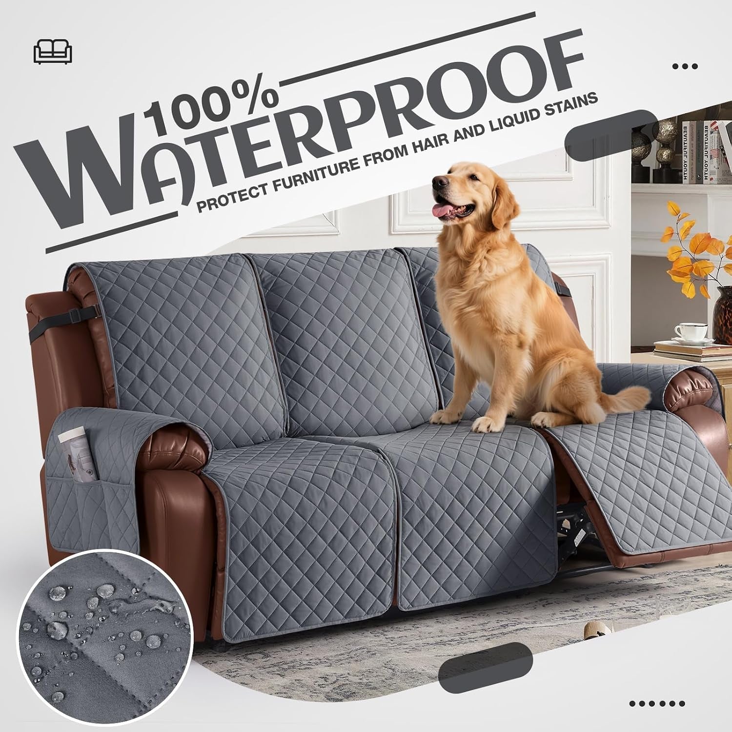 100% Waterproof Recliner Sofa Cover, Reclining Couch Covers for Pets, Dogs, Recliner Couch Slipcover Furniture Protector with Elastic Straps for Kids(3 Seater, Dark Gray)