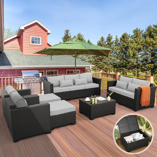 Patio Furniture Sets 7 Pieces Outdoor Furniture Sectional Patio Couches Set with Storage Table Light Grey Cushions