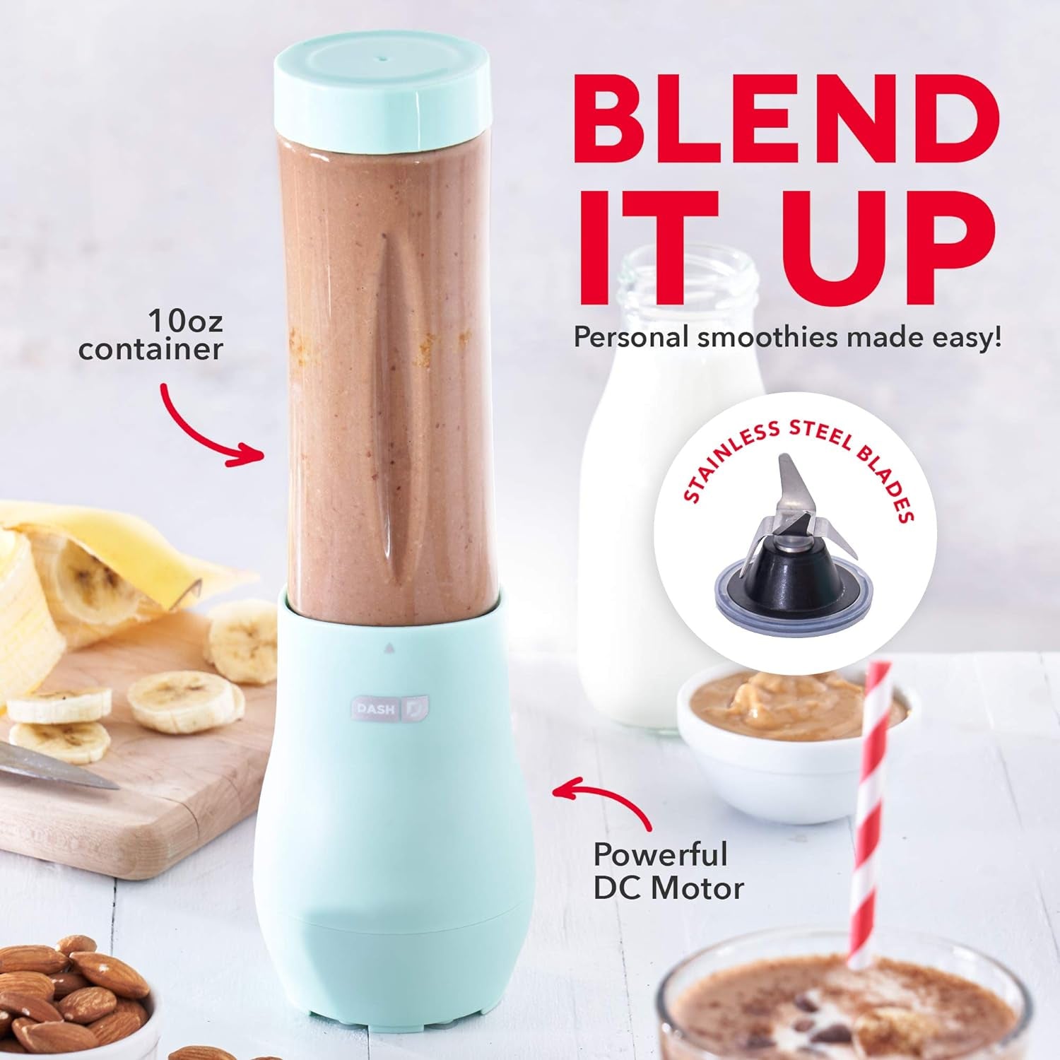 Mighty Mini Blender - Small Personal Blender for Smoothies, Protein Shakes & Frozen Fruit with Travel Lid-Stainless Steel Blades, BPA Free Tritan™ Cup - 10 Ounce - Aqua