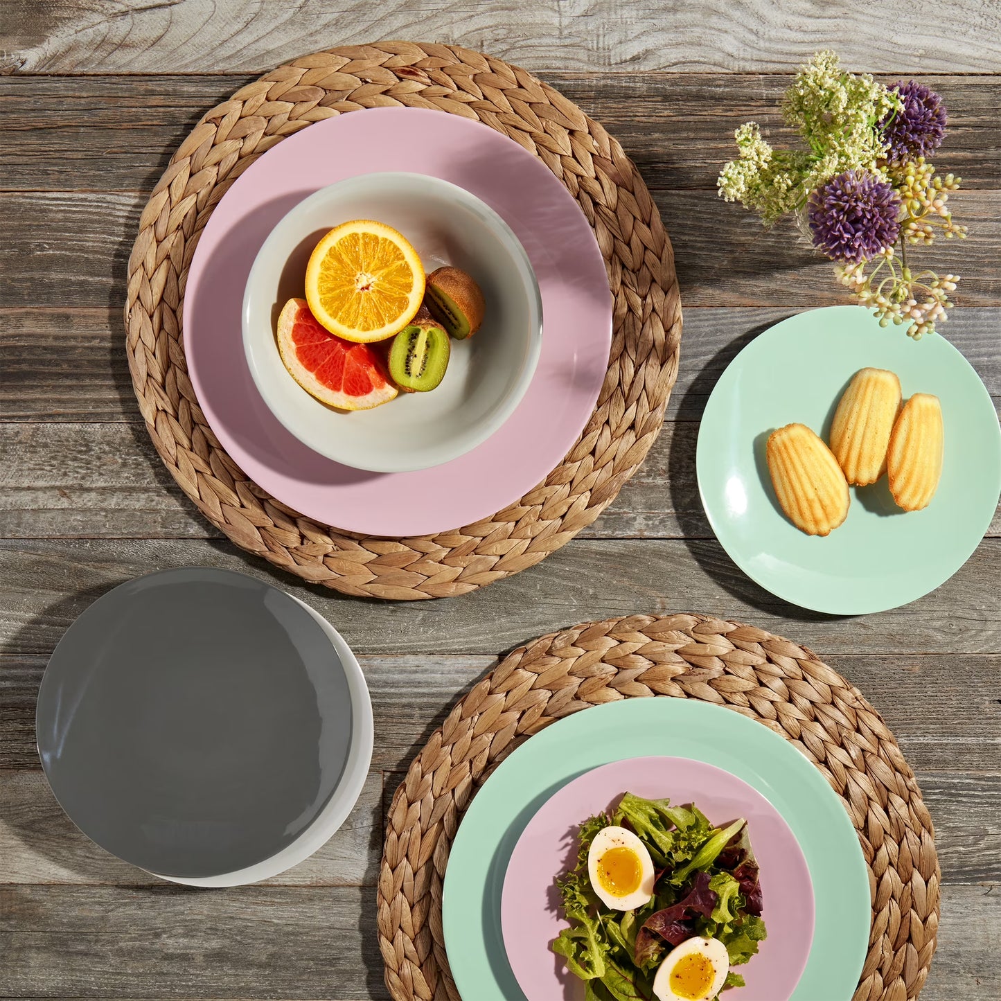Tabletops Gallery 12 Piece Green Gray Pink Melamine Dinnerware Set Plates Bowls for Indoor/Outdoor Use, Service for 4, Pastel
