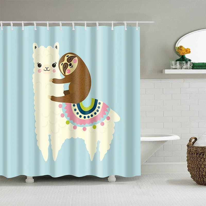 Alpaca Pattern Bath Curtain Waterproof Shower Curtains Polyester Cartoon Bath Screen Printed Curtain for Bathroom Home Decor
