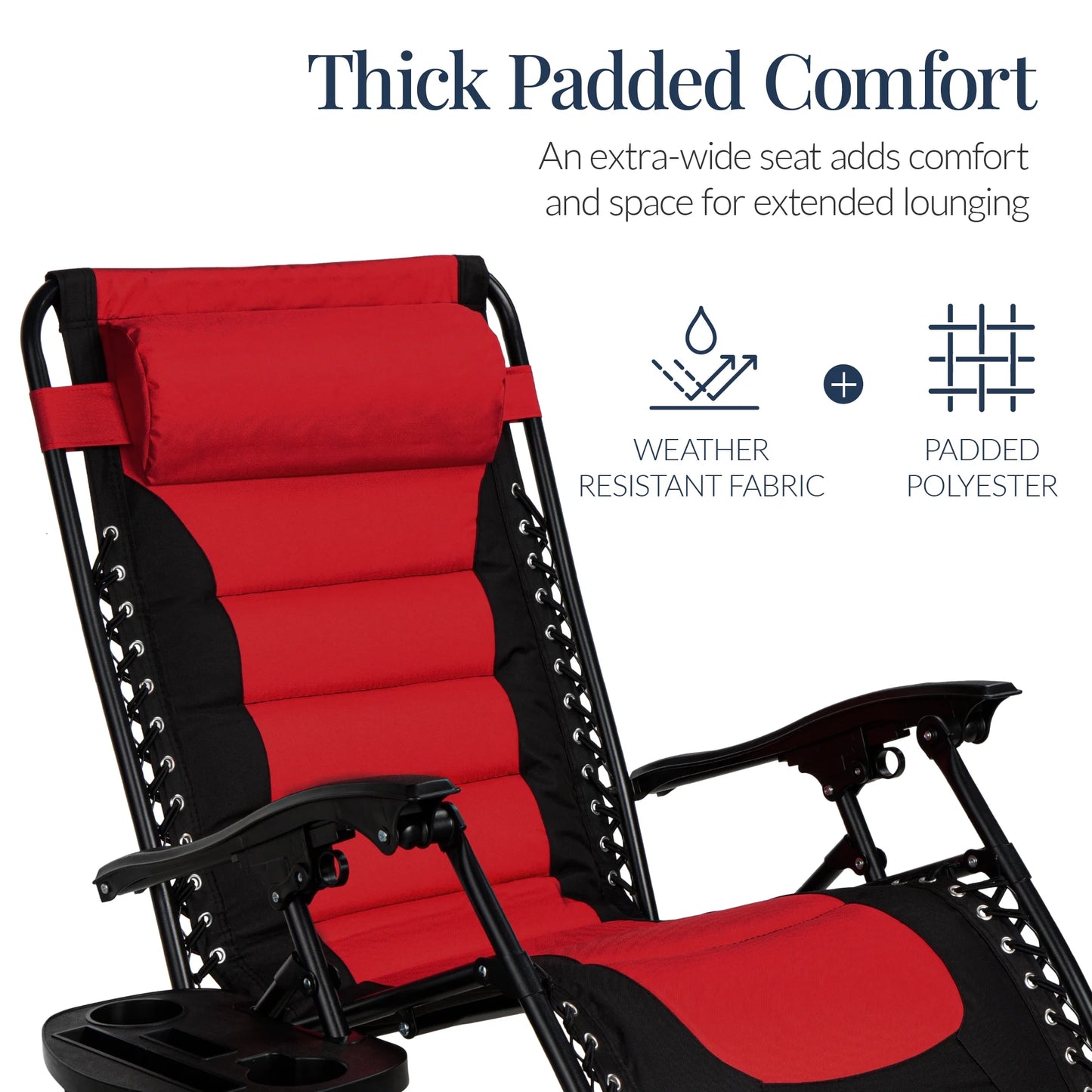 Oversized Padded Zero Gravity Chair, Folding Outdoor Patio Recliner W/ Side Tray - Red