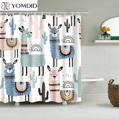 Alpaca Pattern Bath Curtain Waterproof Shower Curtains Polyester Cartoon Bath Screen Printed Curtain for Bathroom Home Decor
