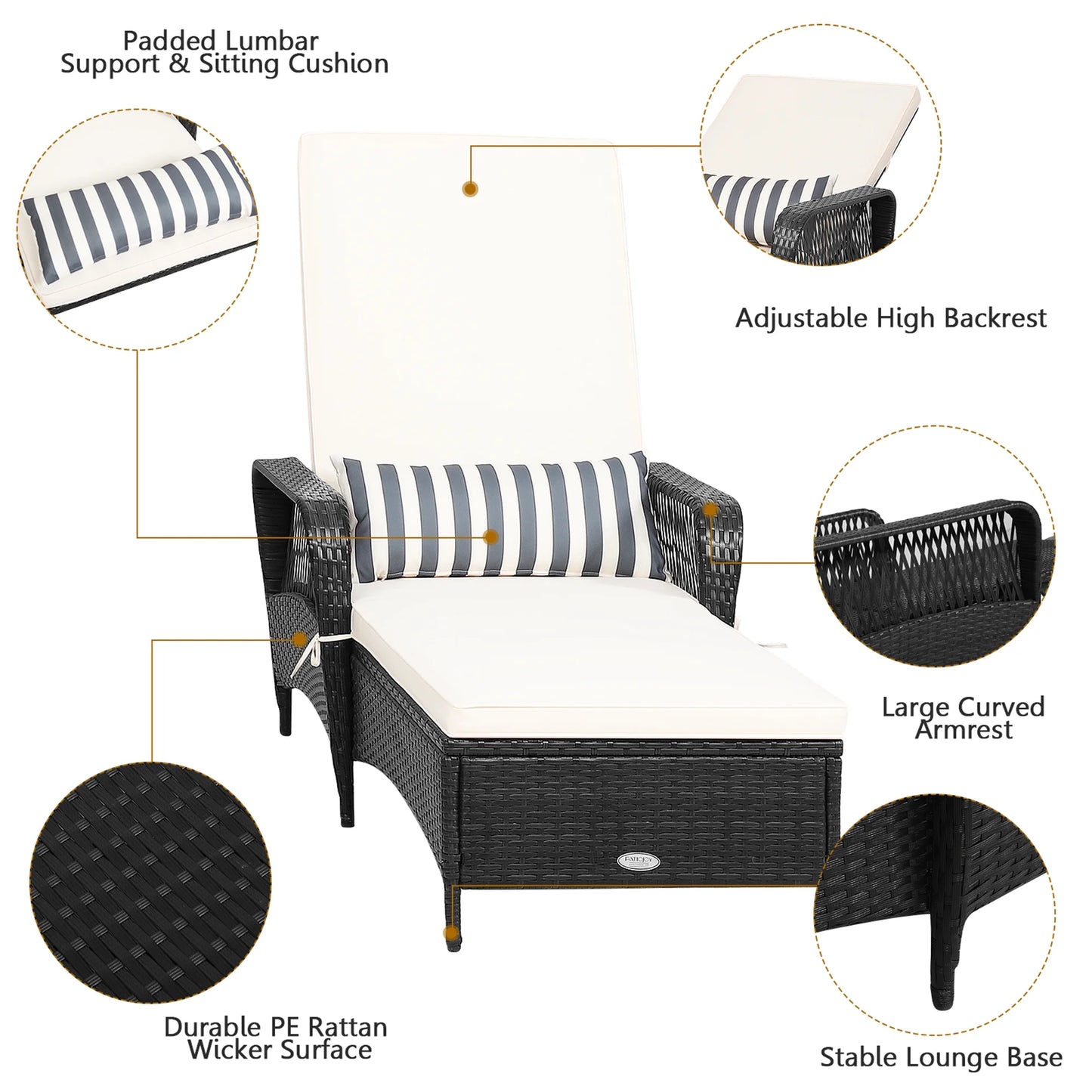 Set of 2 Adjustable Patio Rattan Lounge Chair Chaise Recliner W/ Cushion & Pillow