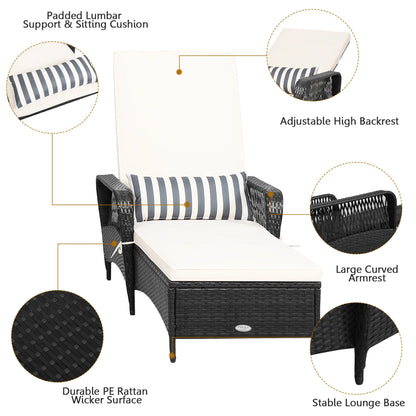 Set of 2 Adjustable Patio Rattan Lounge Chair Chaise Recliner W/ Cushion & Pillow