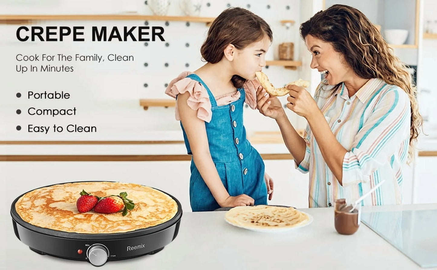 Crepe Maker Machine,  Nonstick 12” Electric Griddle, Compact Pancake Griddle Precise Temperature Control, Batter Spreader for Eggs, Pancakes, Includes Spatula, Spreader（Black）