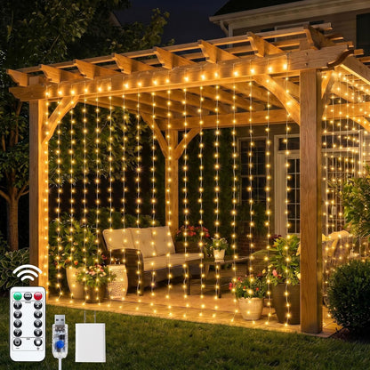 300 LED Curtain Lights, 9.8 FT Plug in Fairy Lights for Bedroom, 8 Lighting Modes, Christmas String Lights for Window Wall Wedding Party Birthday Christmas Decorations, Warm White