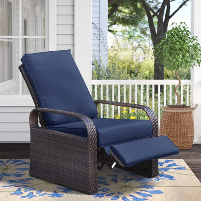 Outdoor Patio Adjustable Wicker Reclining Chair,Navy Blue
