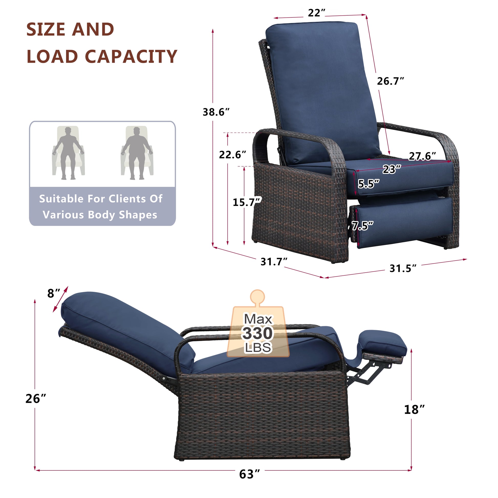 Outdoor Patio Adjustable Wicker Reclining Chair,Navy Blue