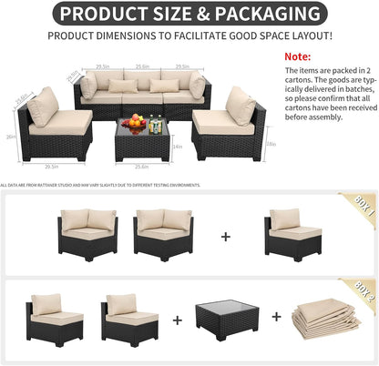 Patio Sectional 6 Pieces All-Weather Wicker Patio Furniture Set Outdoor Sectional with Glass Table Non-Slip Cushions and Waterproof Cover, Khaki