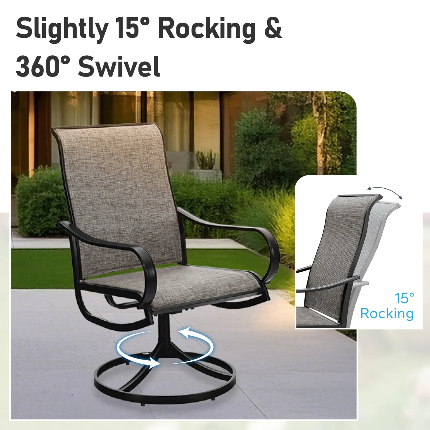 Outdoor Table and Chairs 5 -Piece Black Patio Dining Set Steel Square Table with 4 Brown Swivel Chairs