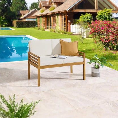 Okemo Acacia Wood Outdoor Couch with Cream Cushions