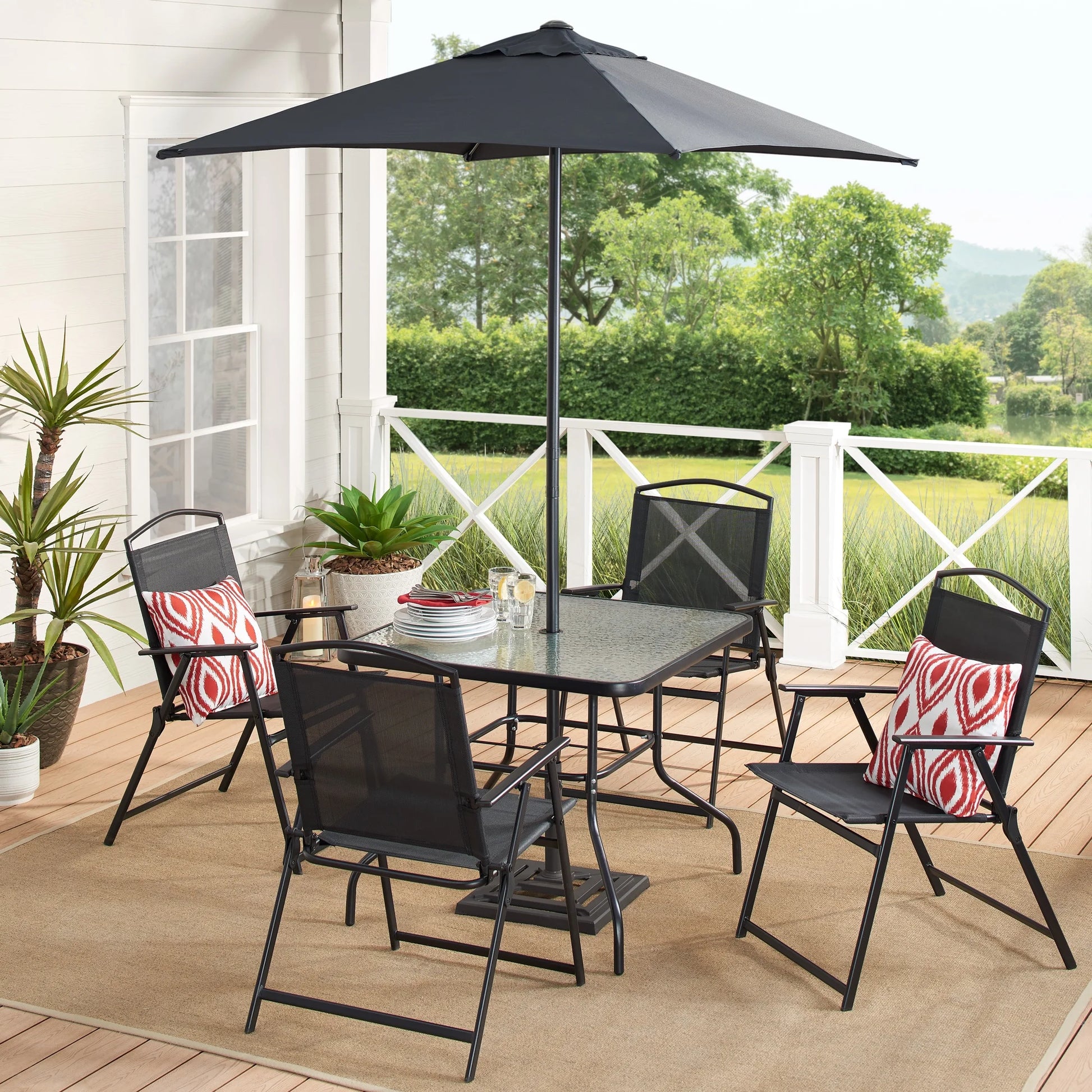 Albany Lane 6-Piece Steel Outdoor Patio Dining Set with Umbrella, Black
