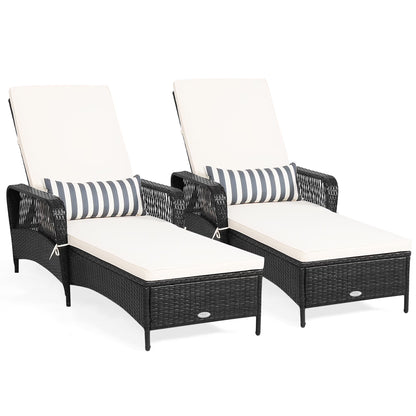 Set of 2 Adjustable Patio Rattan Lounge Chair Chaise Recliner W/ Cushion & Pillow
