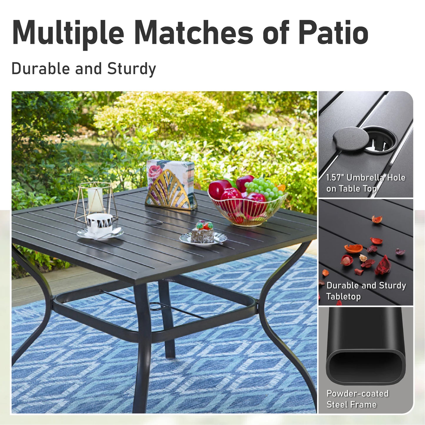 Outdoor Table and Chairs 5 -Piece Black Patio Dining Set Steel Square Table with 4 Brown Swivel Chairs