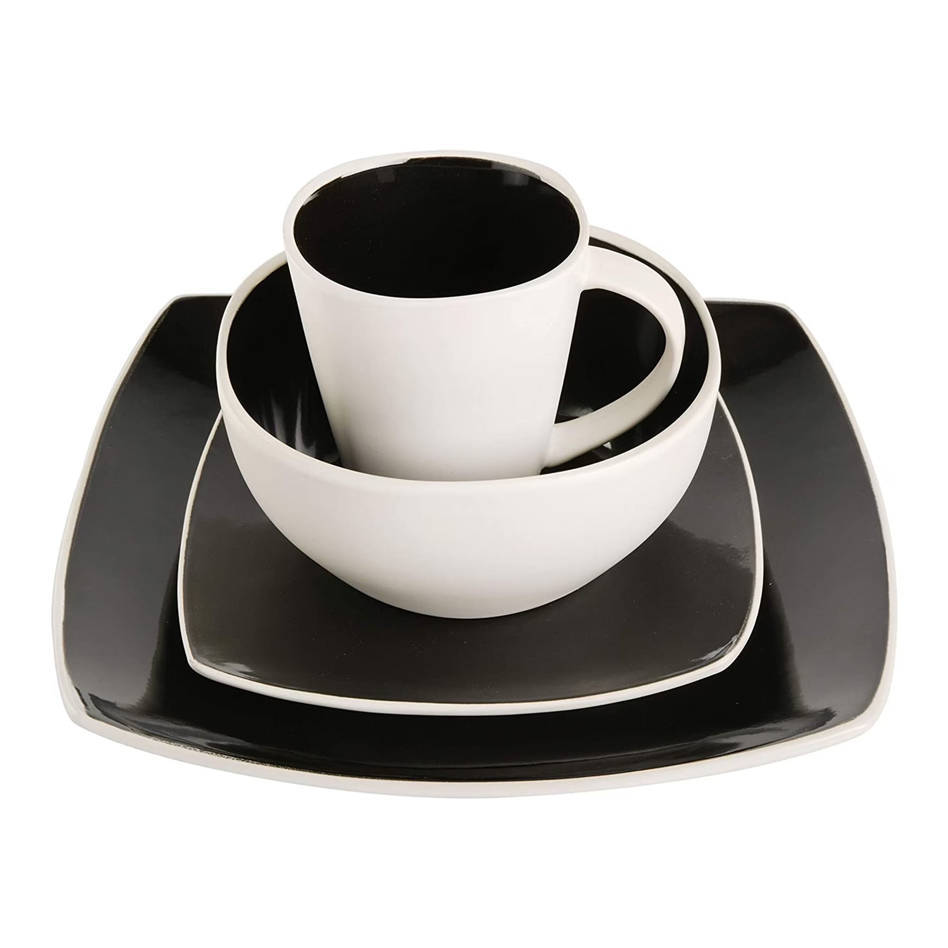 Soho Lounge Square Glazed 16 Piece Stoneware Set, Black and White
