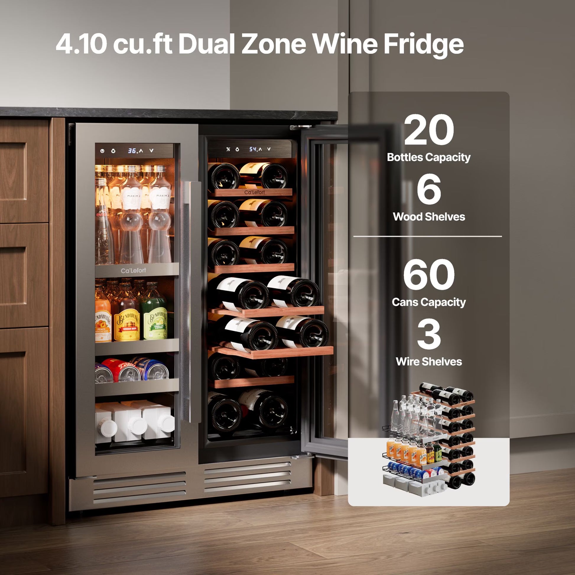 24 Inch Wine and Beverage Refrigerator, Hold 60 Cans and 21 Bottles Dual Zone Wine Fridge with Glass French Door, Built-In or Freestanding