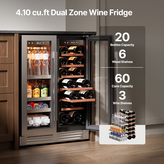 24 Inch Wine and Beverage Refrigerator, Hold 60 Cans and 21 Bottles Dual Zone Wine Fridge with Glass French Door, Built-In or Freestanding