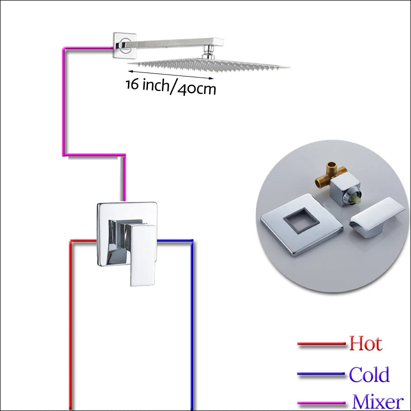 Wall Mount Rainfall Shower Faucet Set Chrome Concealed Bathroom Faucets System 16'' Head with Swivel Tub Spout Mixer Tap