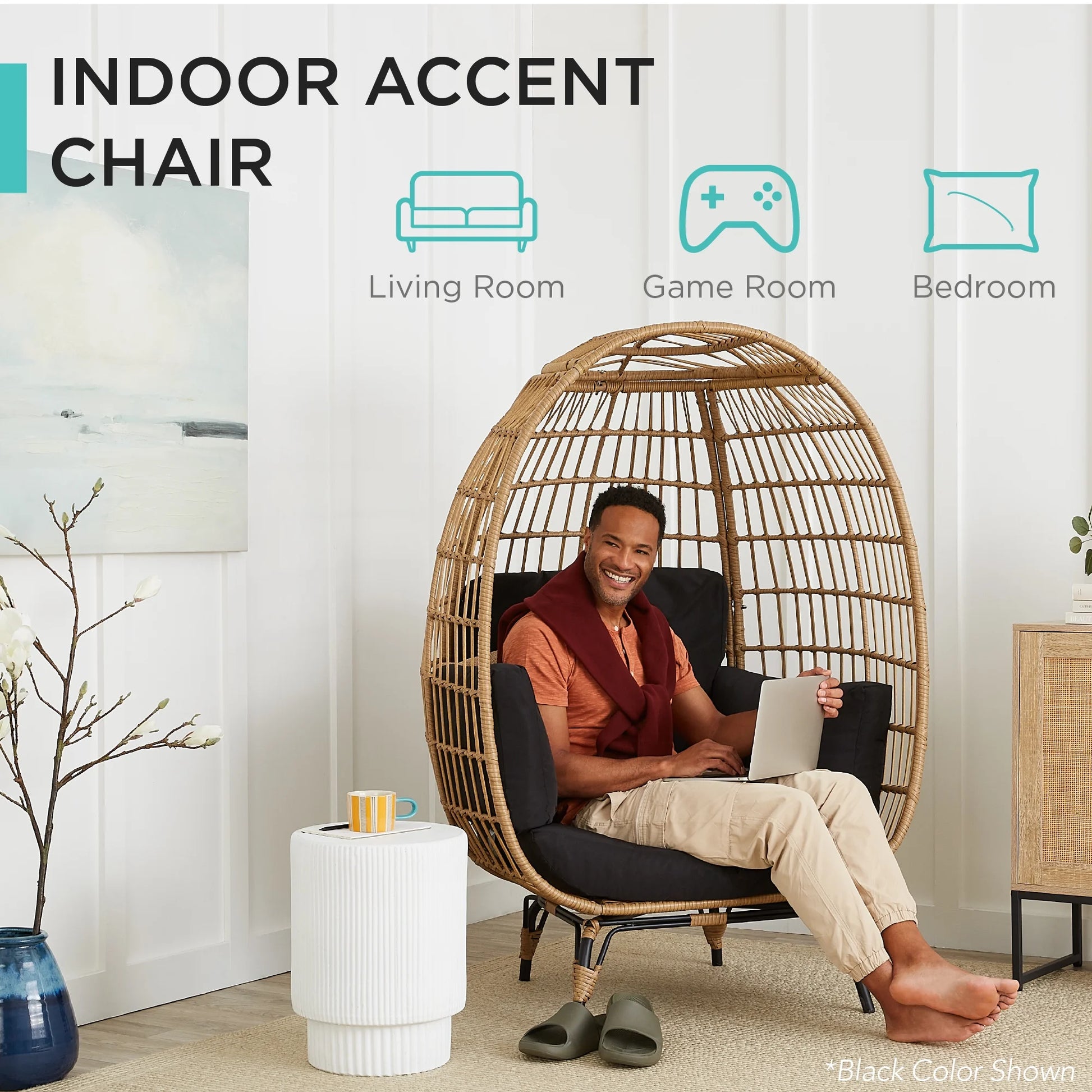 Wicker Egg Chair Oversized Indoor Outdoor Patio Lounger W/ Steel Frame - Navy