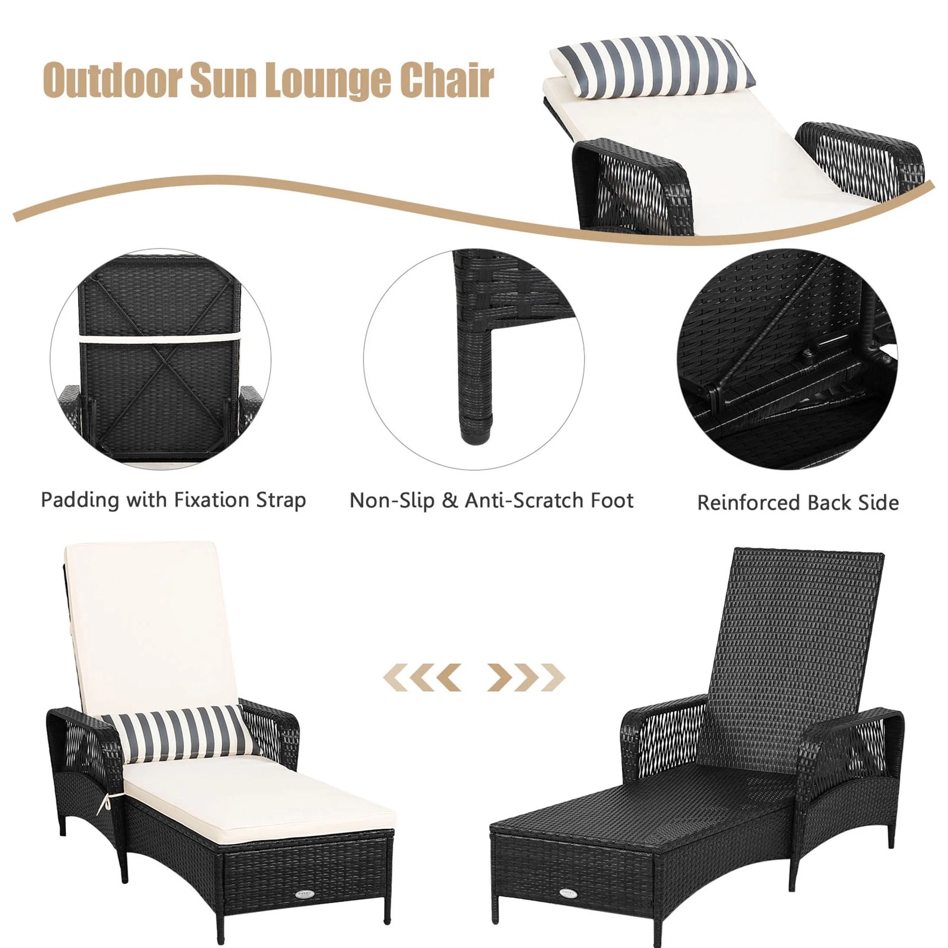 Set of 2 Adjustable Patio Rattan Lounge Chair Chaise Recliner W/ Cushion & Pillow