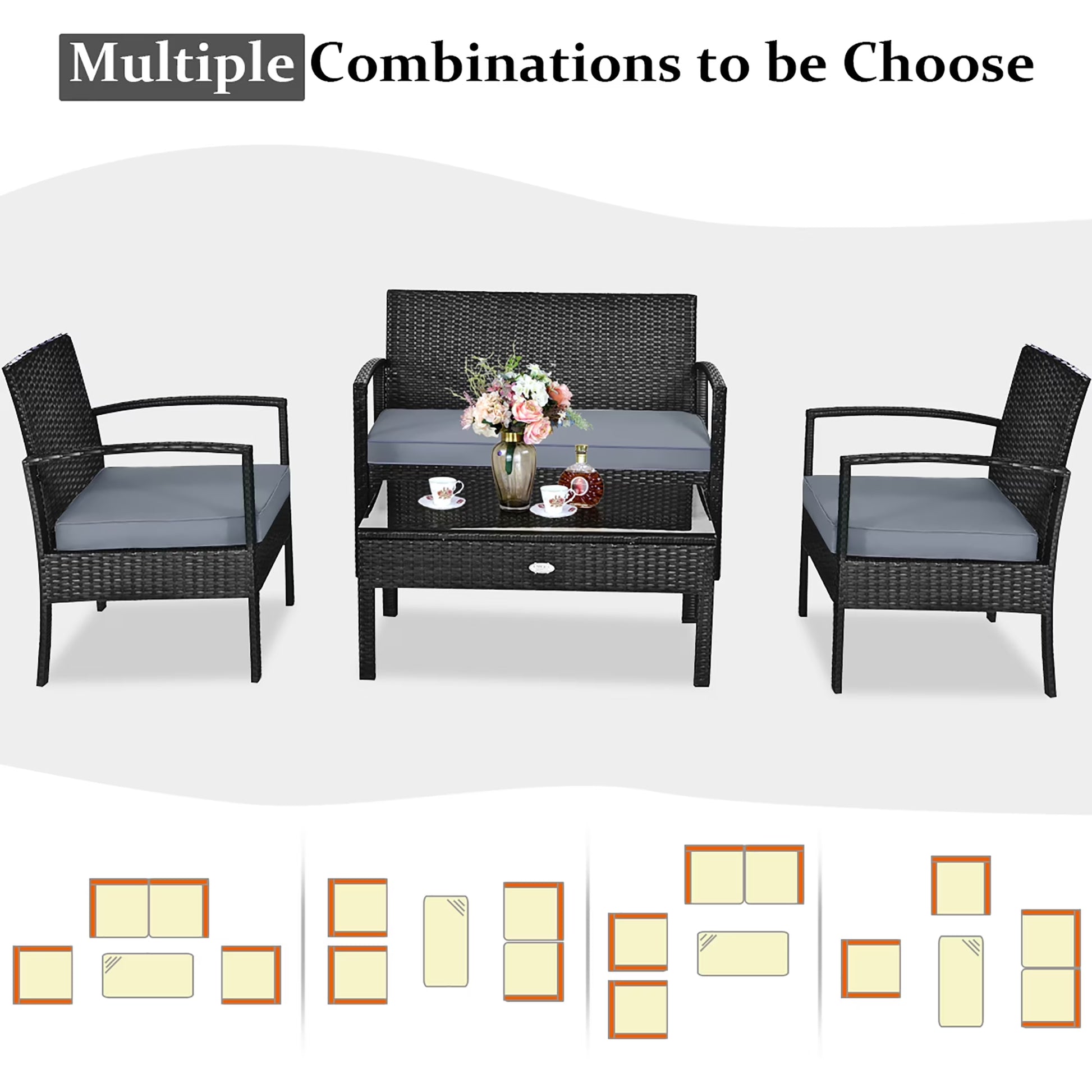HW63756 4PCS Patio Rattan Furniture Set Garden Deck