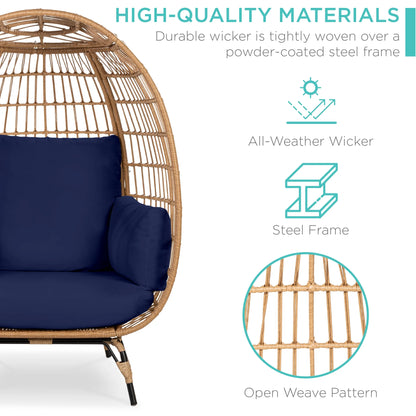 Wicker Egg Chair Oversized Indoor Outdoor Patio Lounger W/ Steel Frame - Navy