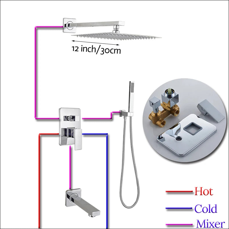 Wall Mount Rainfall Shower Faucet Set Chrome Concealed Bathroom Faucets System 16'' Head with Swivel Tub Spout Mixer Tap